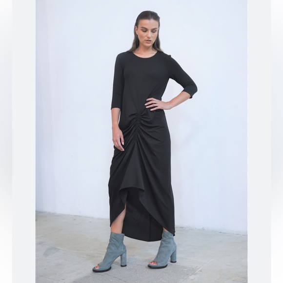 Simply Mila Gathered Black Hi-Lo Dress - Timeless Elegance with a Modern Twist - Picture 1 of 8